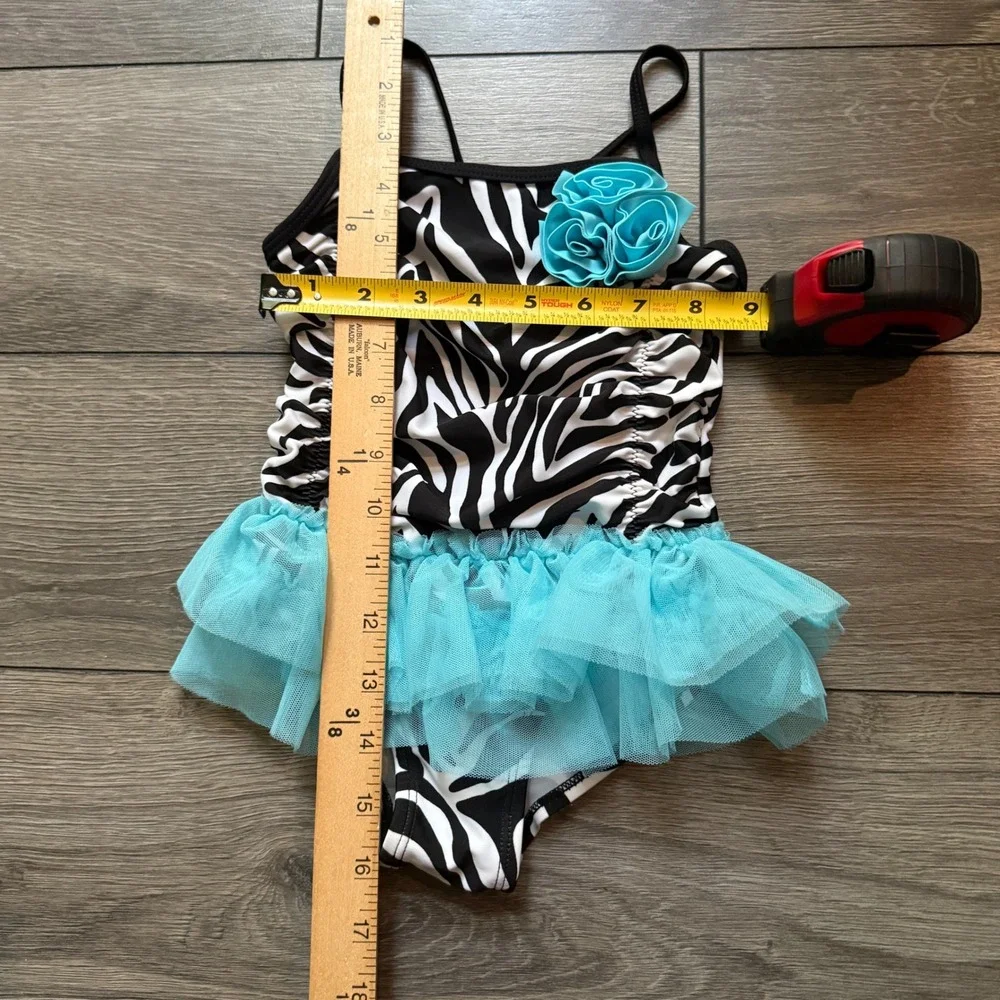 Koala Kids 4T Zebra Print One Piece Swimsuit Turquoise Tutu Ruffle Flower Black